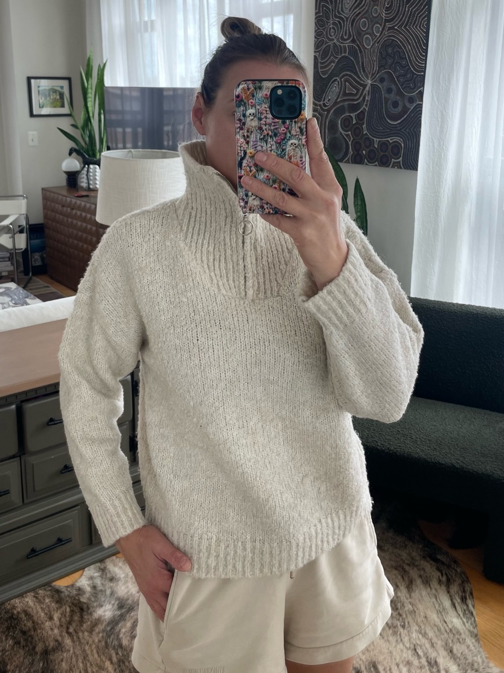 Anthropologie Cream Half-Zip Knit Pullover M